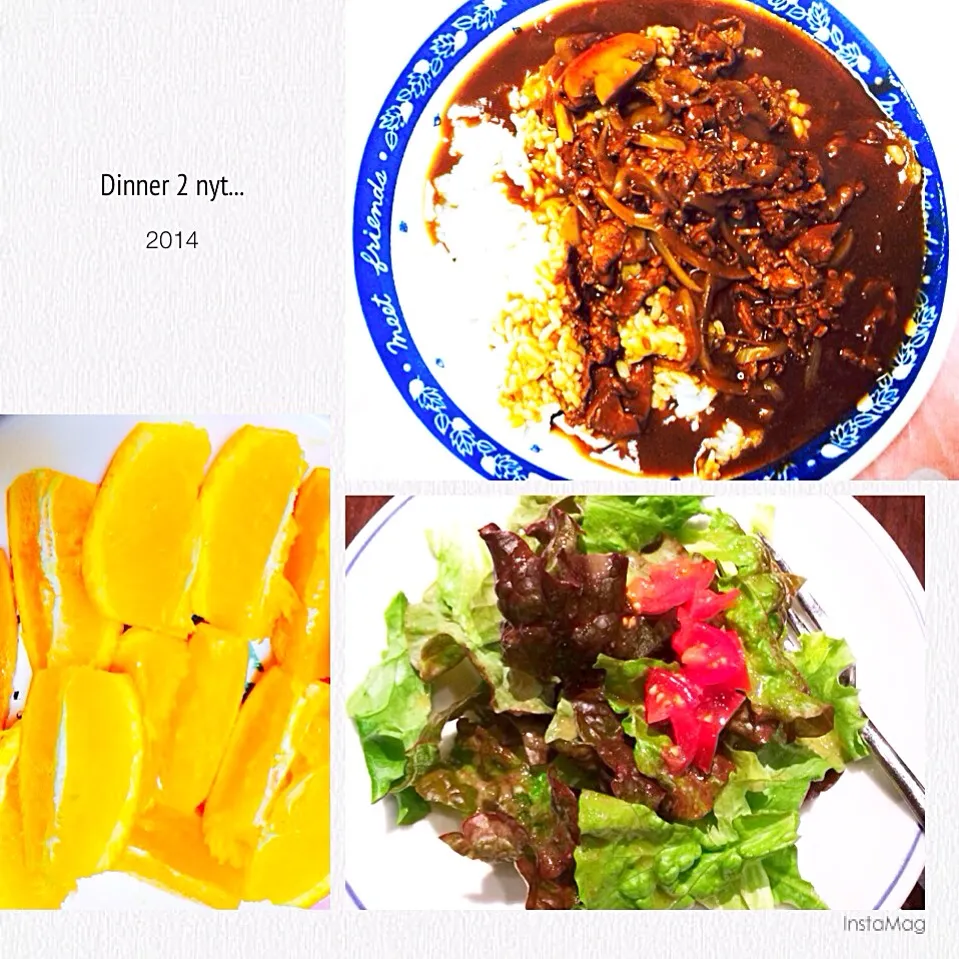 Snapdishの料理写真:Hayashi rice,lettuce salad & orange...|Lorna Masayaさん