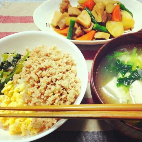 ３色丼/あるもので筑前煮/味噌汁|おすこさん