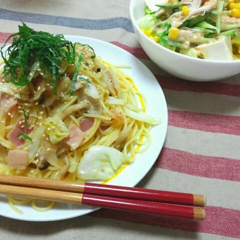 残り野菜で和風パスタ/豆腐入りｻﾗﾀﾞ|おすこさん