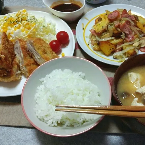 ミルフィーユカツレツ/ジャーマンポテト/豆腐としめじの味噌汁/ごはん|おすこさん