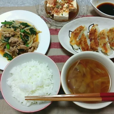 もやしとにらと豚肉のスタミナ味噌炒め/冷凍餃子/冷奴/かにかまとｷｬﾍﾞﾂとねぎの中華ｽｰﾌﾟ/ごはん|おすこさん