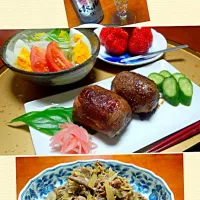 Snapdishの料理写真:ひとりご飯^^;肉巻きおにぎり