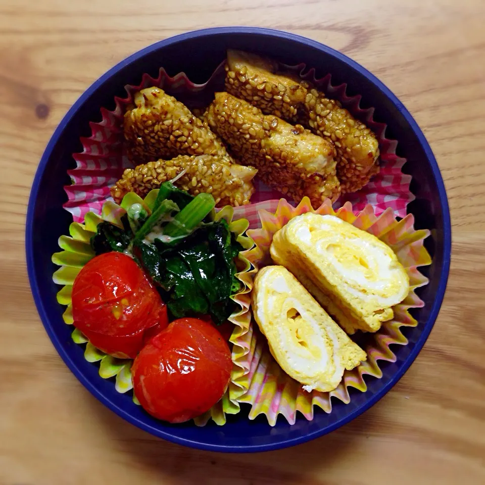 ささみカレー胡麻焼き、ほうれん草とプチトマトのチーズ焼き|okuyさん