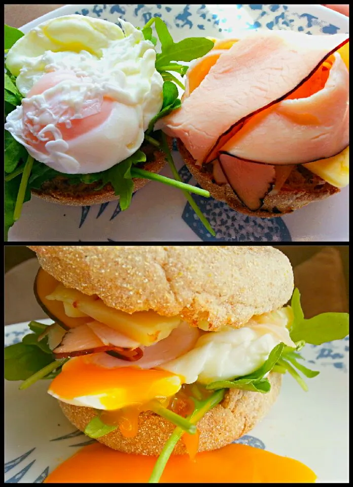 Breakfast Sandwich ~ Poached Egg, Honey Maple Turkey, Monterey Jack and Arugula on WW English Muffin|S Theoさん