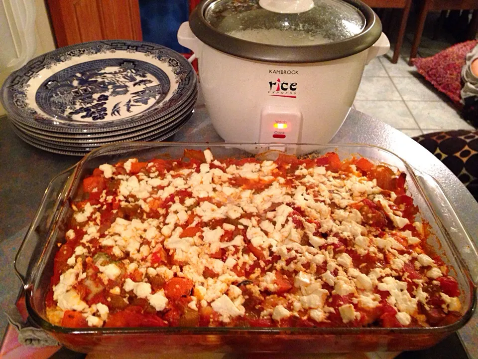 Seafood baked with feta and tomatoes with steamed rice|Miriam Hughesさん