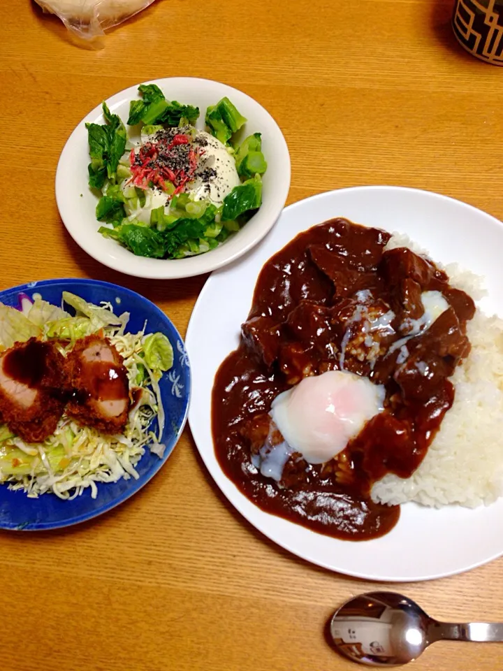 ハヤシライス カツのせサラダ 豆腐サラダ|きゅうちゃんさん