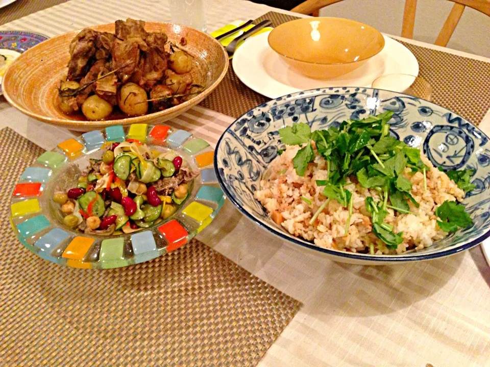 そぼろとたけのこの中華風混ぜ御飯 ＆牛肉と豆のマリネ＆スペアリブとじゃが芋の甘辛煮|ayumi0519さん