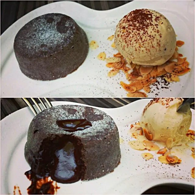 Molten Belgian chocolate cake served with vanilla ice-cream|genさん