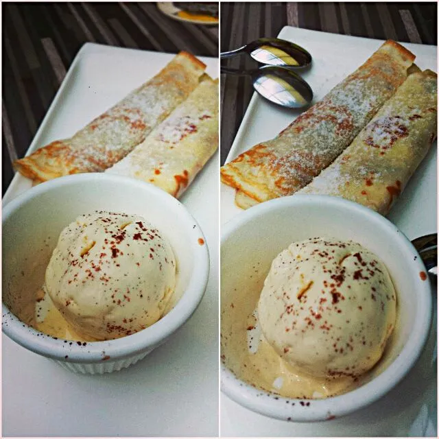 Snapdishの料理写真:Crepe with banana, butterscotch sauce and vanilla ice-cream|genさん