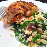 Snapdishの料理写真:Mediterranean Stuffed Chicken with Spinach-Orzo Salad