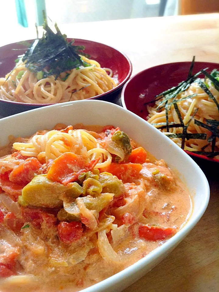 Snapdishの料理写真:野菜のトマトクリーム煮のリメイク⭐️スープパスタ  と  たらこスパ|かずきっちんさん