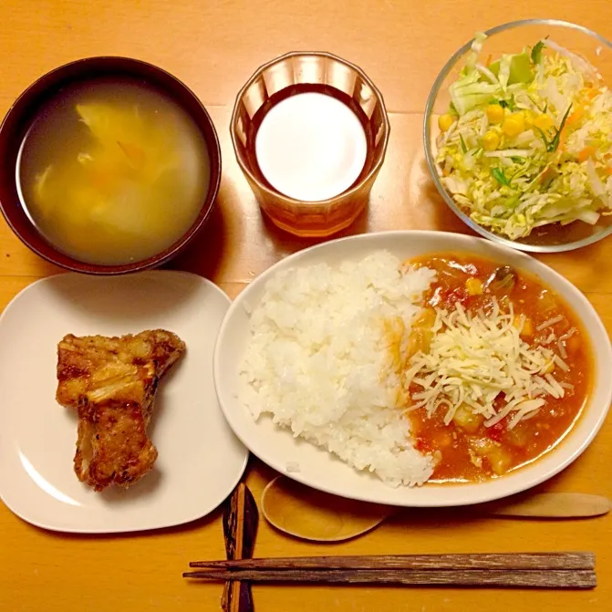 ノンオイルチキンチーズカレー マグロかまのポン酢ステーキ 白菜とキャベツのサラダ|中西 ツヨシさん