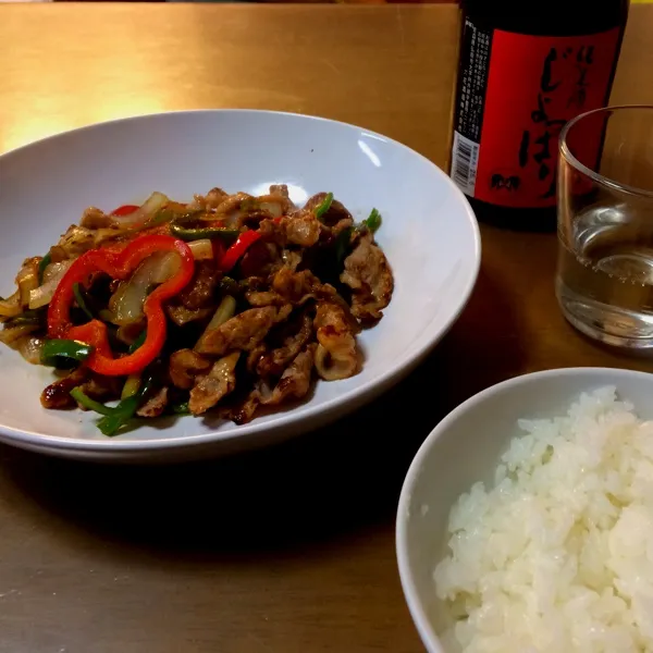 生姜焼き。お酒は頂き物の純米酒じょっぱり。生姜焼きにも入れてみました。|bさん