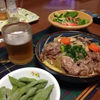 Snapdishの料理写真:ビール 枝豆 AND あんかけ焼きそば|ayakoさん