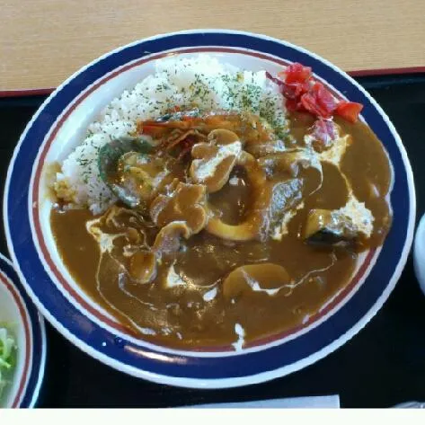 Snapdishの料理写真:シーフードカレー　八戸の陸奥湊の漁港にあって魚市場のおじさん達が沢山居た。頭付きの海老、ホタテ、サバの切り身、ムール貝、イカ　新鮮な魚介で美味しい。|akiponさん