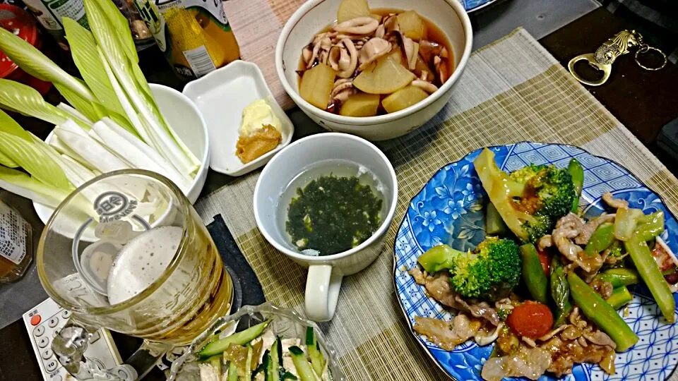 ウグイ＆鶏ササミスープ＆鶏ささみのきゅうりのザーサイ合え＆春野菜と豚､いか炒め|まぐろさん