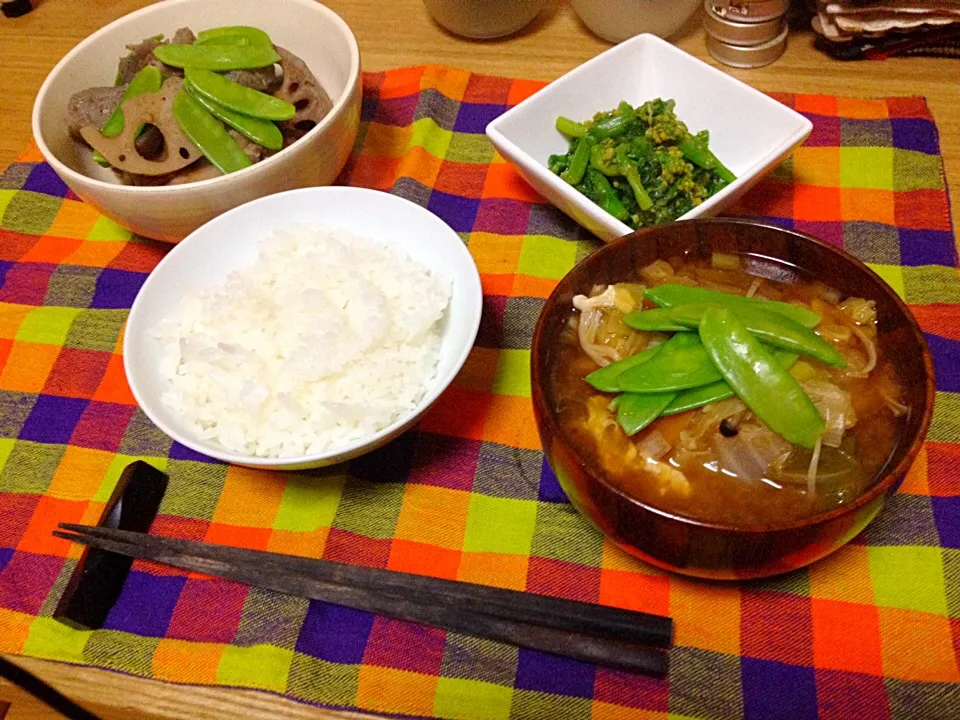 晩ごはん★筑前煮、菜の花のからし和え、赤だしのみそ汁、ごはん|ハルさん