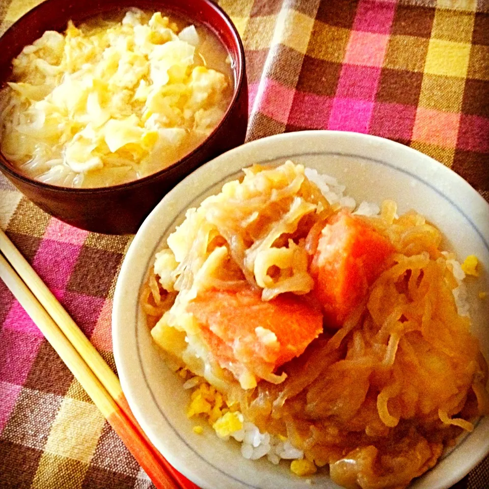 肉じゃが丼,素麺の味噌汁|りーぴんさん