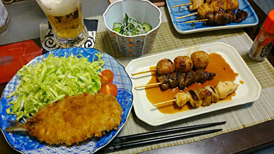 きゅうりの酢の物＆焼き鳥＆アジフライフライ|まぐろさん