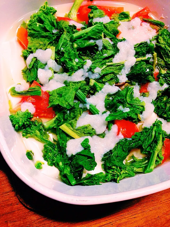 Silk tofu with tomatoes n canola flower seasoned w salted kouji|Leahさん