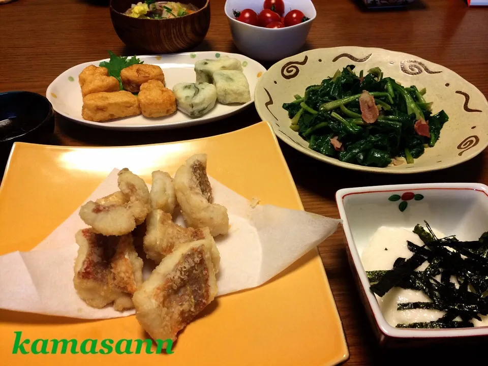 糸よりの唐揚げ🐟 大和芋とろろ ちぢみほうれん草ソテー🌱|かまさん