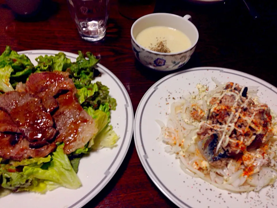 焼き肉✳︎ビシソワーズ✳︎鯖の水煮缶のサラダ|sakiさん