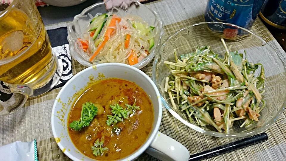 中華春雨サラダ＆海老と水菜のサラダ＆豆カレー|まぐろさん