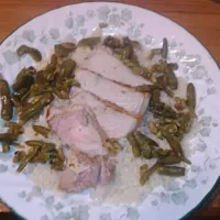 Pork on rice and greens|Michael St Johnさん