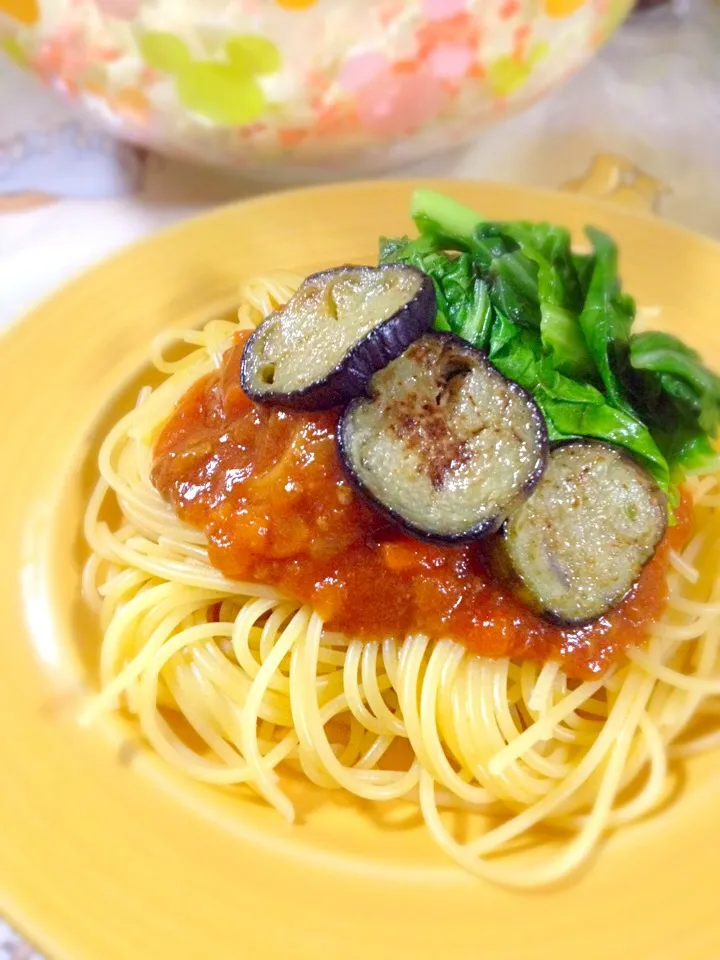 菜の花と茄子のミートソースパスタ|えだまめさん