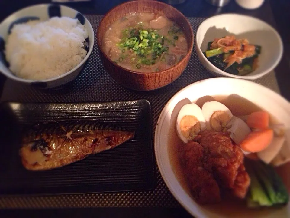 鯖の塩焼き、煮物、オイキムチ、豚汁|ayumiさん