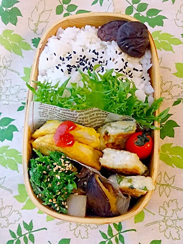 自家製ハムのピカタ弁当

干し椎茸のうま煮、わさび菜の胡麻和え、大根餅等でした。|とだともさん