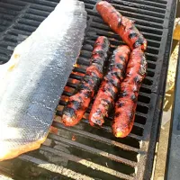 grilled sausages and salmon.