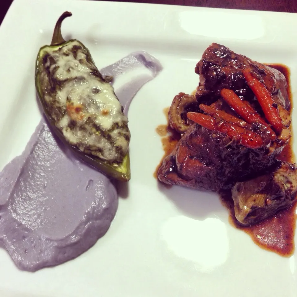 Marsala/balsamic braised pork loin with stuffed Anaheim pepper and purple cauliflower purée.|Brian Churchillさん