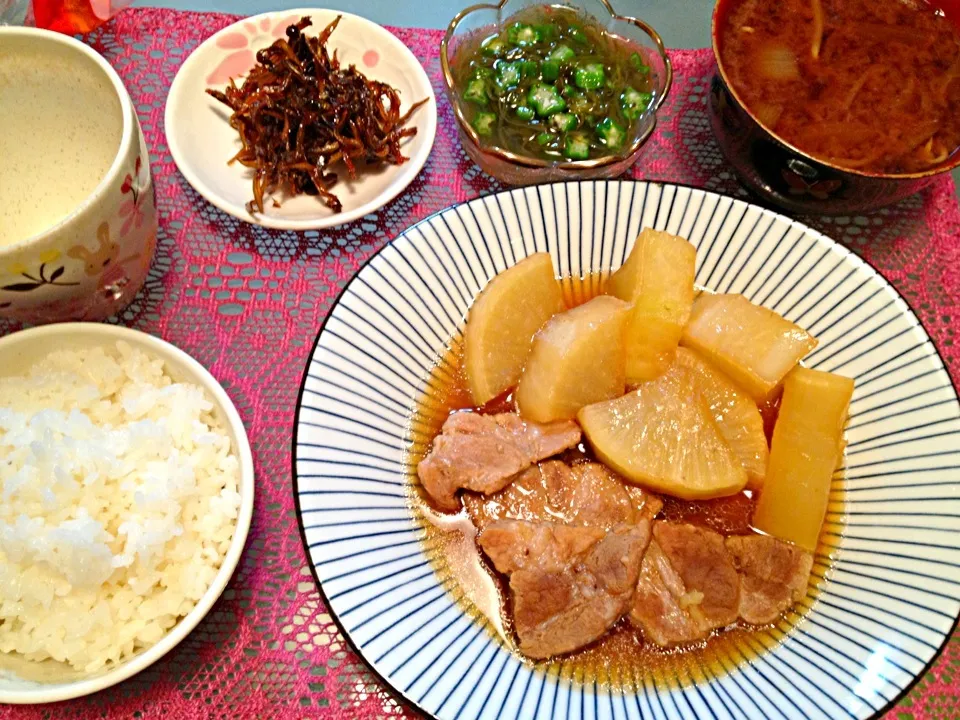 角煮、くぎ煮、もずくおくら、お味噌汁|りんこさん