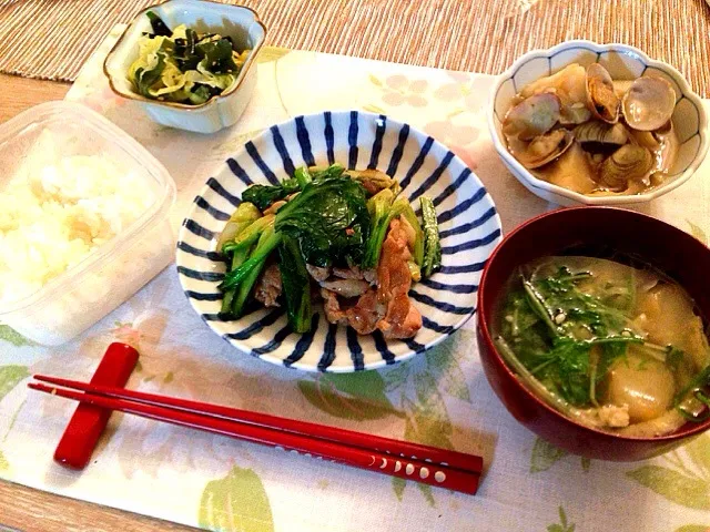 小松菜と豚肉のオイスター炒め、キャベツとワカメのナムル、水菜と油揚げの味噌汁など|まろさん