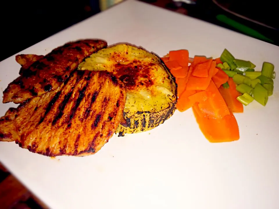 grilled pork, blanched carrots wrapped in sesame oil, herbal puree of the oven baked cheese ....|Matthew NLさん