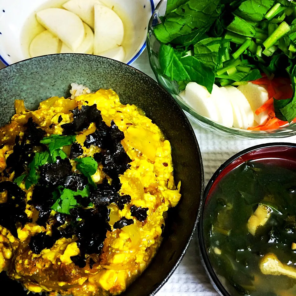 ビーガンの親子丼ならぬ、友達丼★
大根の葉っぱとキャベツと薄揚げとワカメのお味噌汁
山芋と人参と小松菜サラダ
大根の浅漬け

卵はもちろん、動物性不使用。ベジタリアン、ビーガン★|Vivian AnimalRightsさん