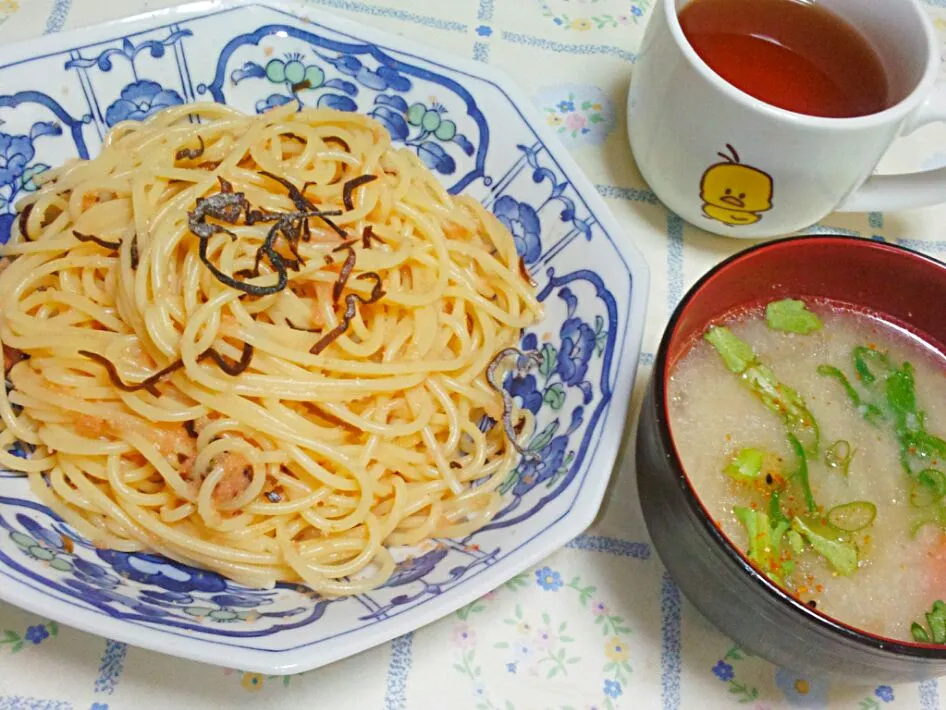 Snapdishの料理写真:明太子パスタ　塩昆布ゆず胡椒風味|うたかた。さん