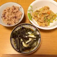 小豆入り玄米ご飯、蕨の玉子とじ、おからの炊いたん|しんたまりさん