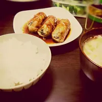 Snapdishの料理写真:豚しそ巻き巻き定食|まちこさん