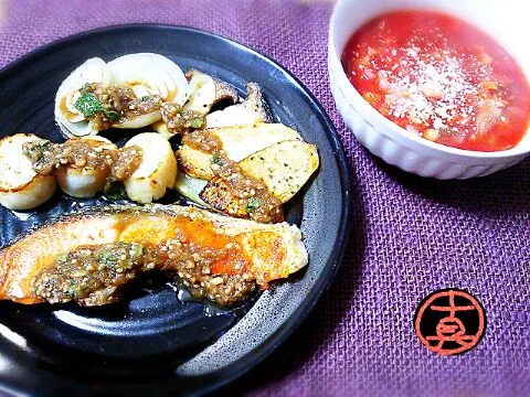 魚介のソテーバルサミコオニオンソース・干し野菜のミネストローネ|真希さん