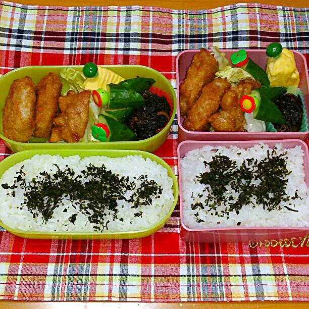 今日は娘たちの弁当
♪ヒレカツ
♪鶏の唐揚げ
♪ひじき
♪きゅうり
♪卵焼き|ふみぃさん