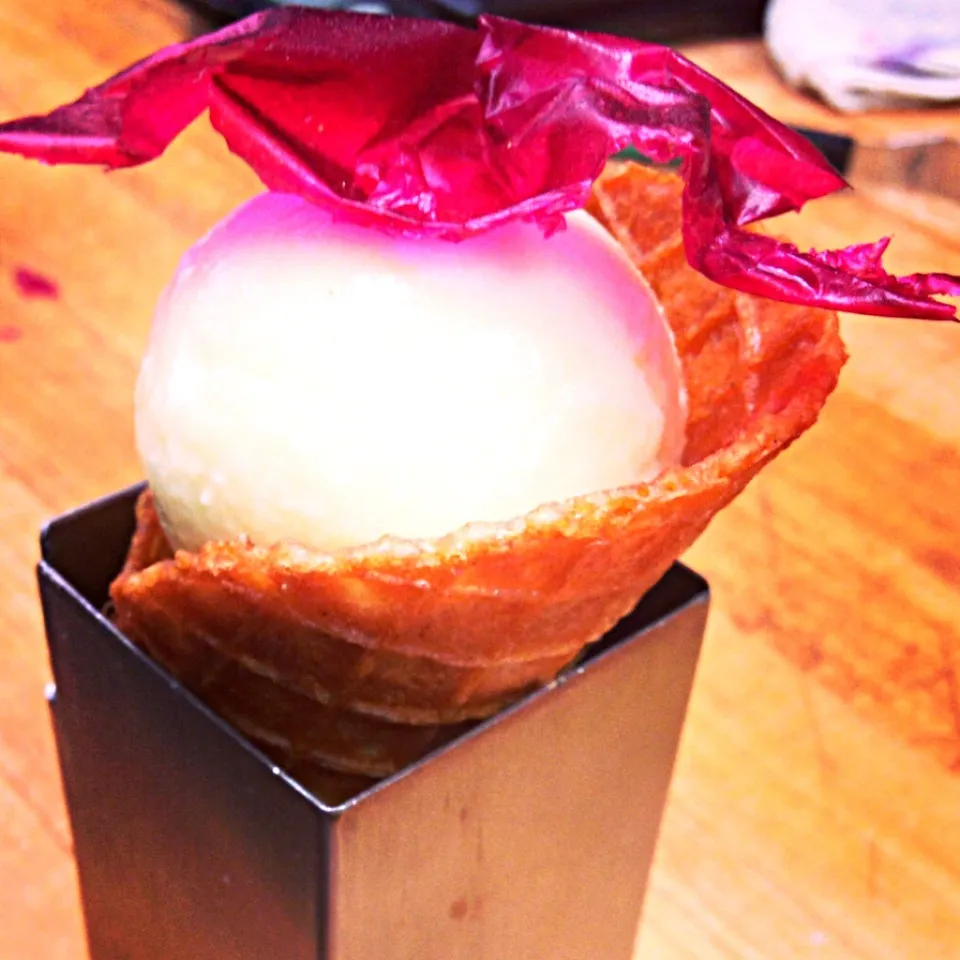 Brown butter-thyme ice cream cone, beet paper|andrew franciscoさん