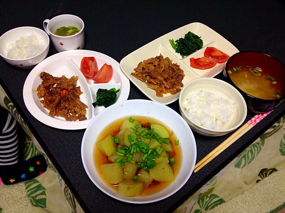 生姜焼き•ほうれん草お浸し•大根煮•トマト|うるしちかさん