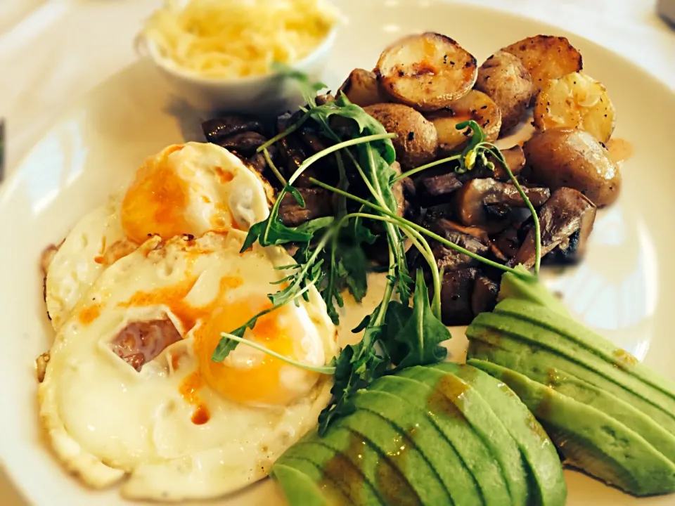 Fried egg, avocado, mushrooms, potatoes, rocket & cheese|Sergio Lacuevaさん