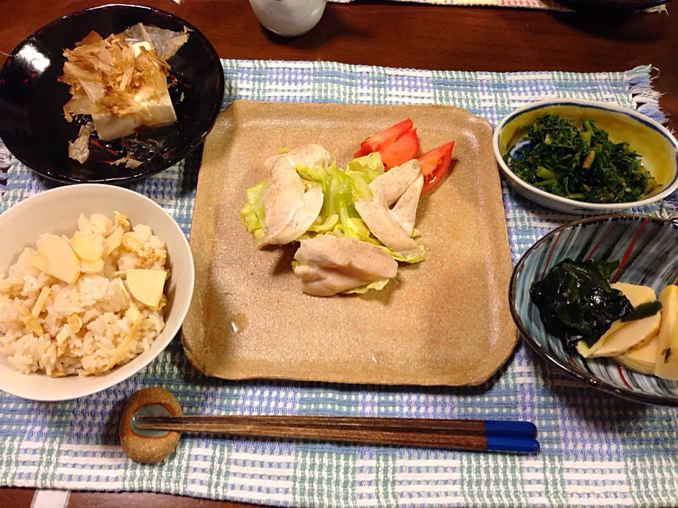 Snapdishの料理写真:蒸し鶏 タケノコご飯|愛ペガさん