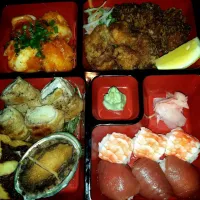 Snapdishの料理写真:エビチリ・ヒレカツ・河豚の唐揚げ・豆腐とマッシュポテトの豚肉巻き・蒸しアワビ・マグロと海老の手鞠寿司です|Malon Middleさん