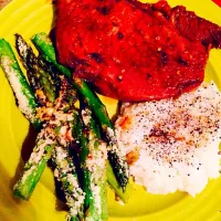 Snapdishの料理写真:Teriyaki sirloin, parmesan asparagus and lemon jasmine sticky rice|Amber Lynneさん