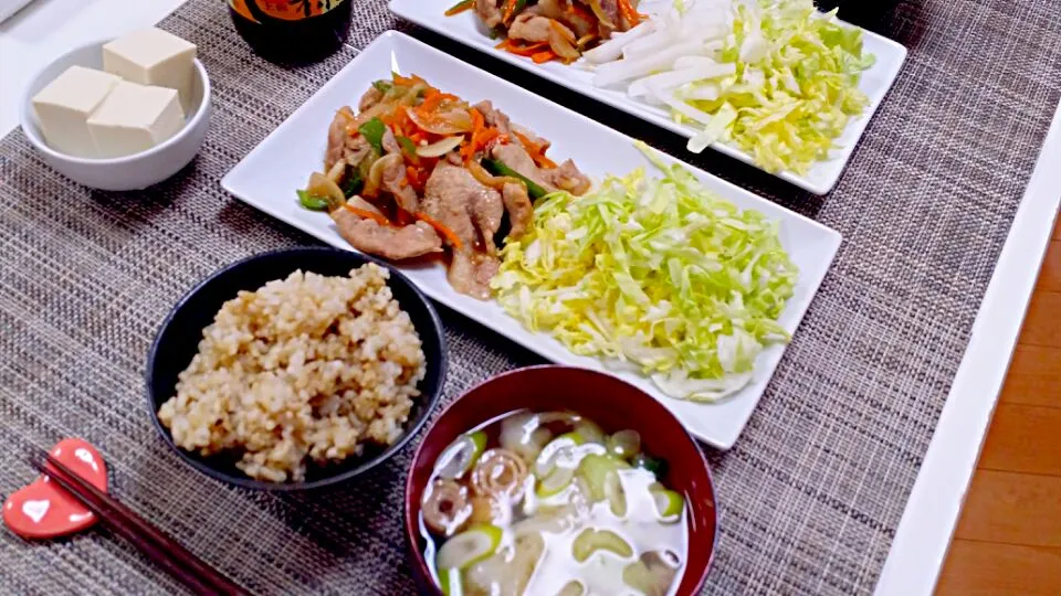 Snapdishの料理写真:今日の夕食 野菜たっぷり豚肉の生姜焼き、冷奴、玄米ごはん、わかめの味噌汁|pinknari🐰🌈さん