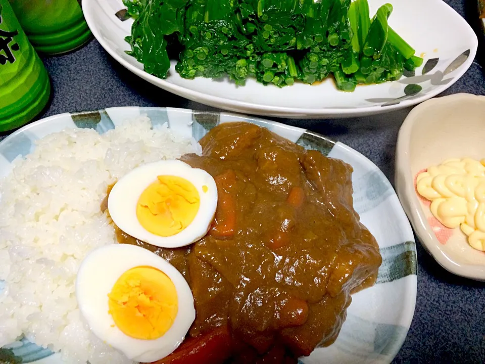 #夕飯 カレーライス、うでた菜っ葉。やったーー茹で卵がのってるーーー！いっただっきまーーす♪助かりまーーす。@Kiryu_Yamome|ms903さん